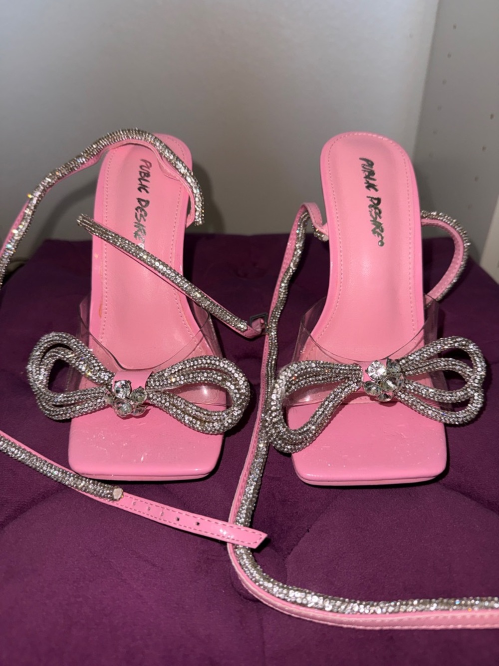 Pink Bejeweled Bow Strap Heeled Sandals - Pink
